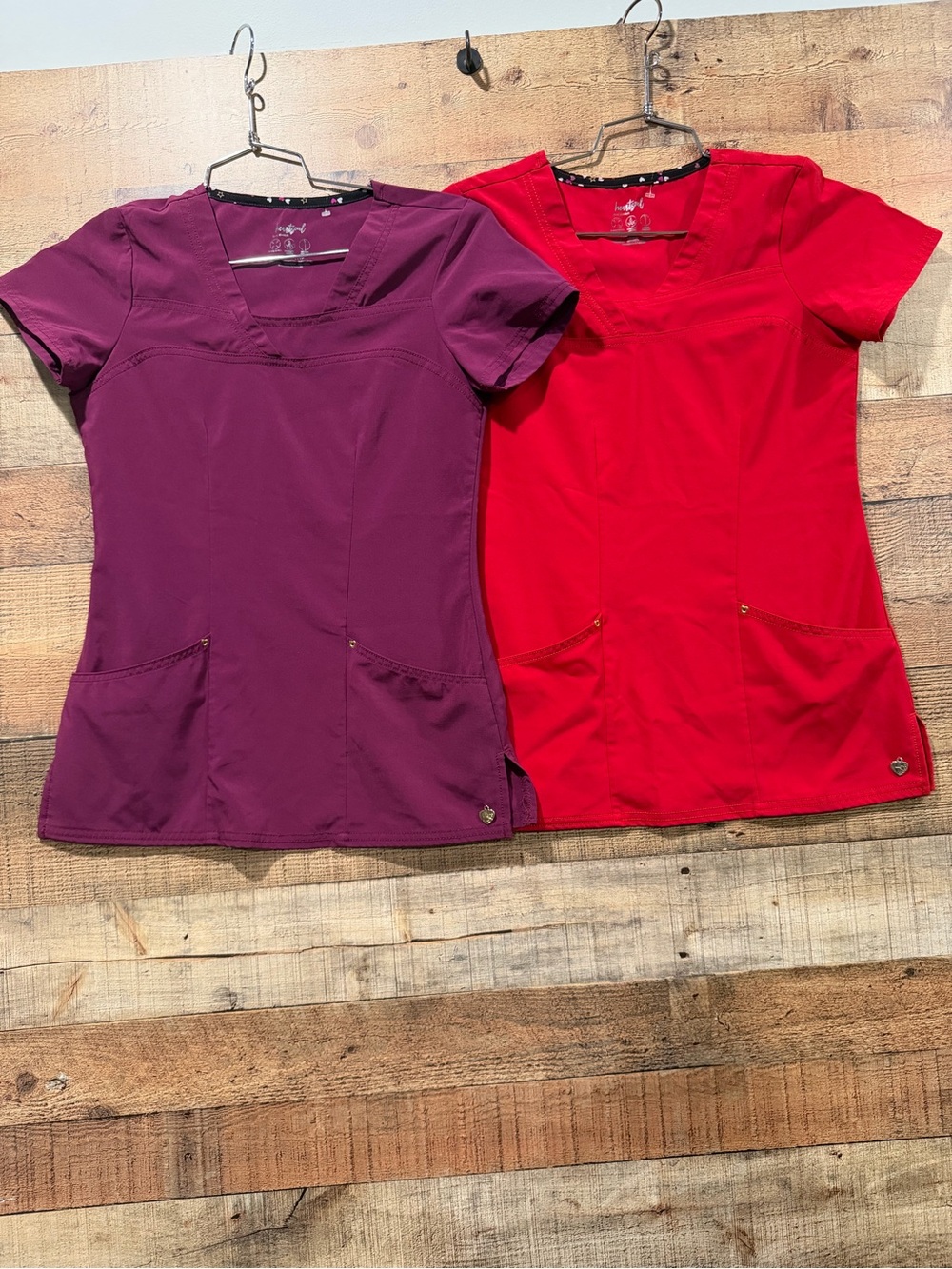Scrub Top Bundle - HeartSoul V-Neck Short Sleeve Tops in Plum & Red Size XXS
